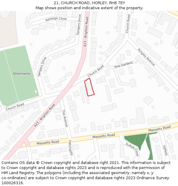21, CHURCH ROAD, HORLEY, RH6 7EY: Location map and indicative extent of plot