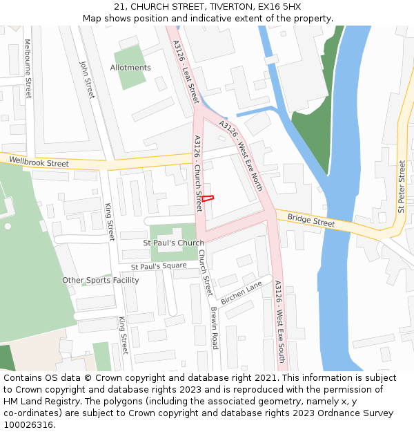 21, CHURCH STREET, TIVERTON, EX16 5HX: Location map and indicative extent of plot