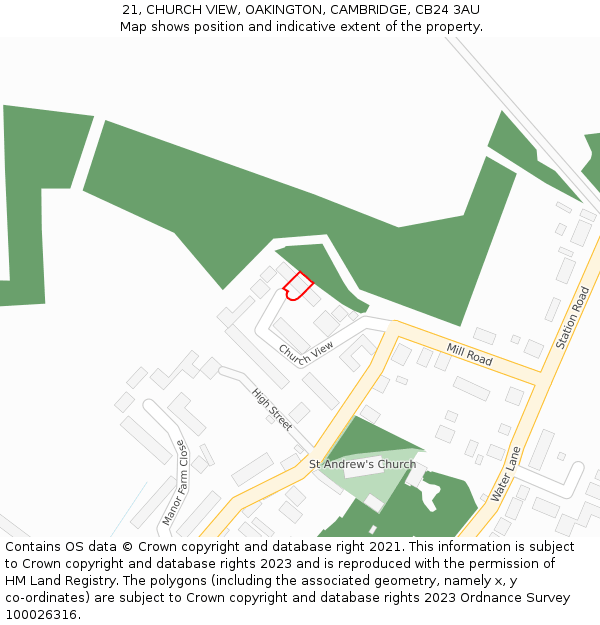 21, CHURCH VIEW, OAKINGTON, CAMBRIDGE, CB24 3AU: Location map and indicative extent of plot