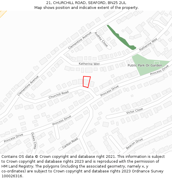 21, CHURCHILL ROAD, SEAFORD, BN25 2UL: Location map and indicative extent of plot