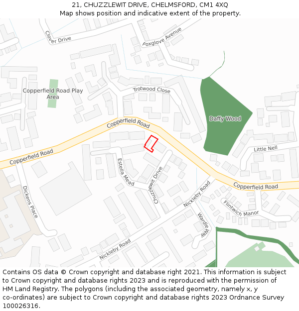 21, CHUZZLEWIT DRIVE, CHELMSFORD, CM1 4XQ: Location map and indicative extent of plot