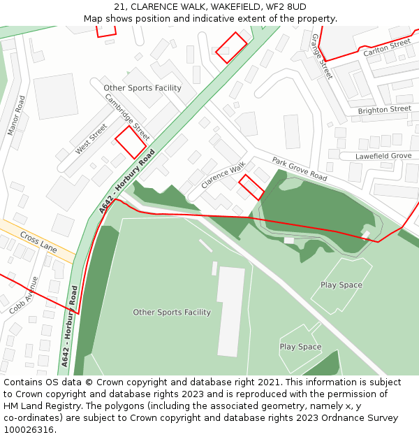 21, CLARENCE WALK, WAKEFIELD, WF2 8UD: Location map and indicative extent of plot