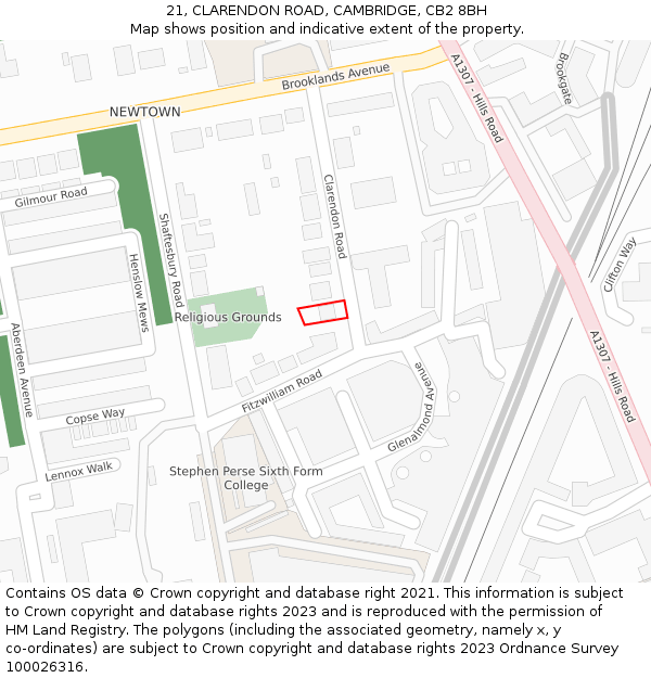 21, CLARENDON ROAD, CAMBRIDGE, CB2 8BH: Location map and indicative extent of plot