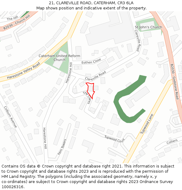 21, CLAREVILLE ROAD, CATERHAM, CR3 6LA: Location map and indicative extent of plot