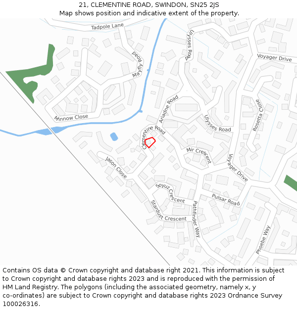 21, CLEMENTINE ROAD, SWINDON, SN25 2JS: Location map and indicative extent of plot