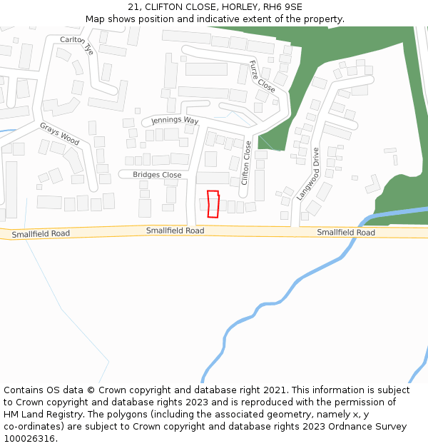 21, CLIFTON CLOSE, HORLEY, RH6 9SE: Location map and indicative extent of plot