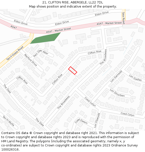 21, CLIFTON RISE, ABERGELE, LL22 7DL: Location map and indicative extent of plot