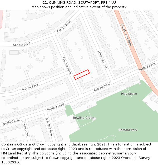 21, CLINNING ROAD, SOUTHPORT, PR8 4NU: Location map and indicative extent of plot