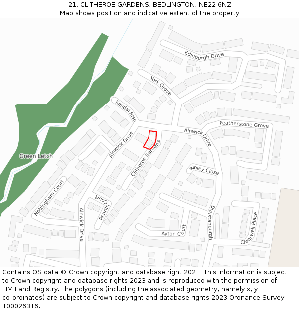 21, CLITHEROE GARDENS, BEDLINGTON, NE22 6NZ: Location map and indicative extent of plot