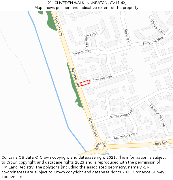 21, CLIVEDEN WALK, NUNEATON, CV11 4XJ: Location map and indicative extent of plot