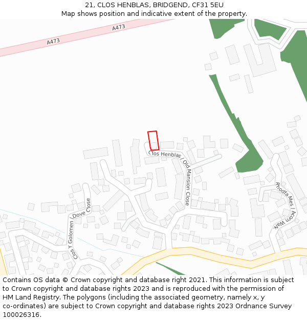 21, CLOS HENBLAS, BRIDGEND, CF31 5EU: Location map and indicative extent of plot