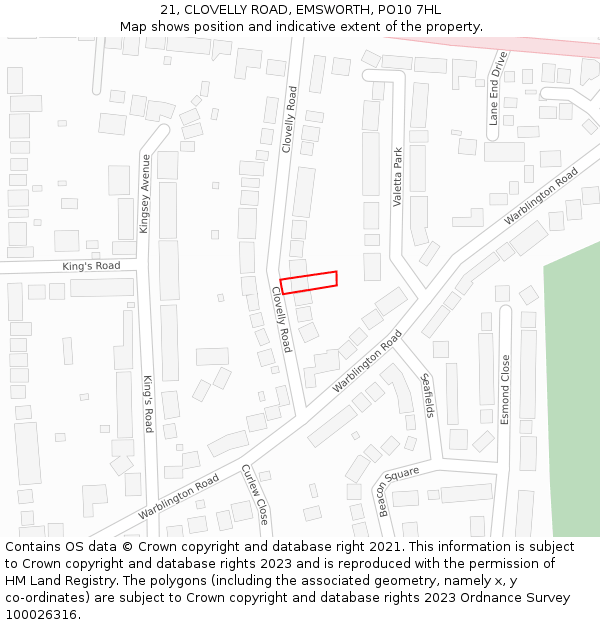 21, CLOVELLY ROAD, EMSWORTH, PO10 7HL: Location map and indicative extent of plot