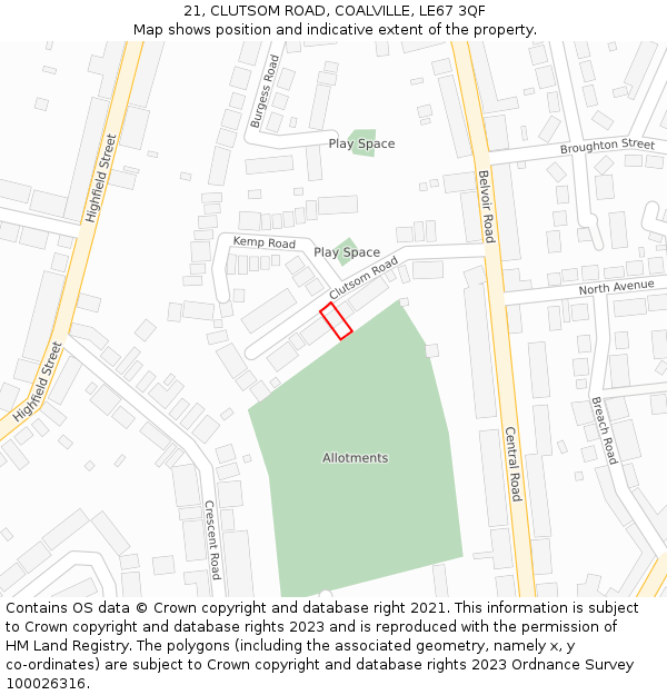 21, CLUTSOM ROAD, COALVILLE, LE67 3QF: Location map and indicative extent of plot