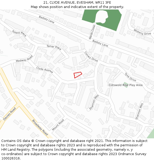 21, CLYDE AVENUE, EVESHAM, WR11 3FE: Location map and indicative extent of plot