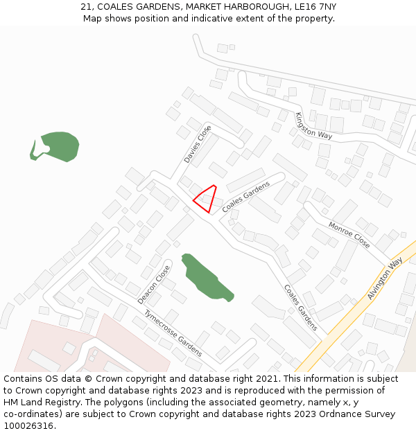 21, COALES GARDENS, MARKET HARBOROUGH, LE16 7NY: Location map and indicative extent of plot