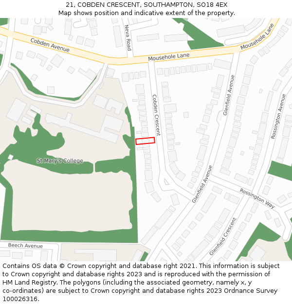 21, COBDEN CRESCENT, SOUTHAMPTON, SO18 4EX: Location map and indicative extent of plot