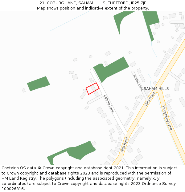 21, COBURG LANE, SAHAM HILLS, THETFORD, IP25 7JF: Location map and indicative extent of plot