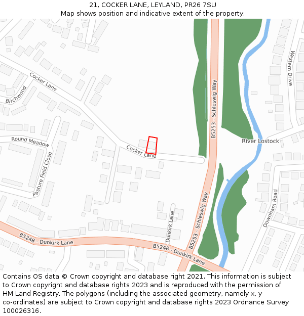 21, COCKER LANE, LEYLAND, PR26 7SU: Location map and indicative extent of plot
