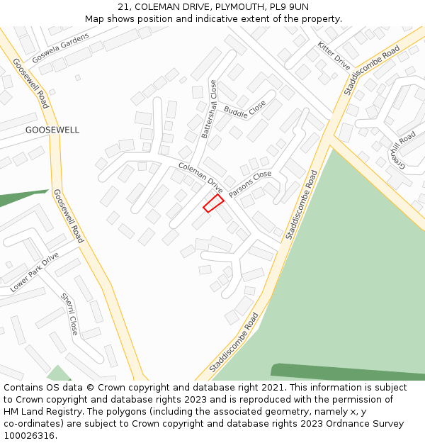 21, COLEMAN DRIVE, PLYMOUTH, PL9 9UN: Location map and indicative extent of plot