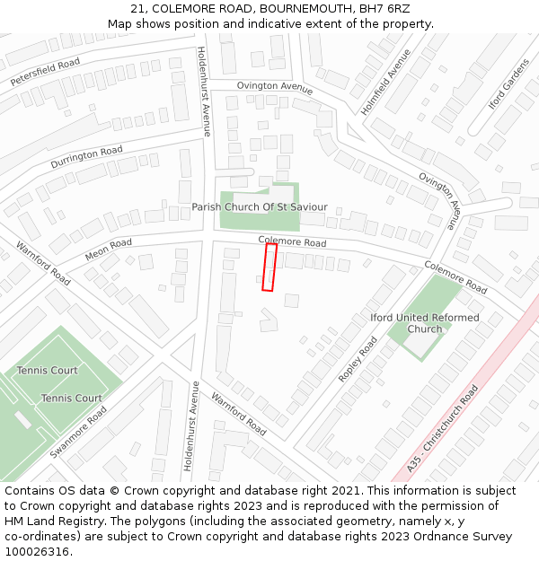 21, COLEMORE ROAD, BOURNEMOUTH, BH7 6RZ: Location map and indicative extent of plot