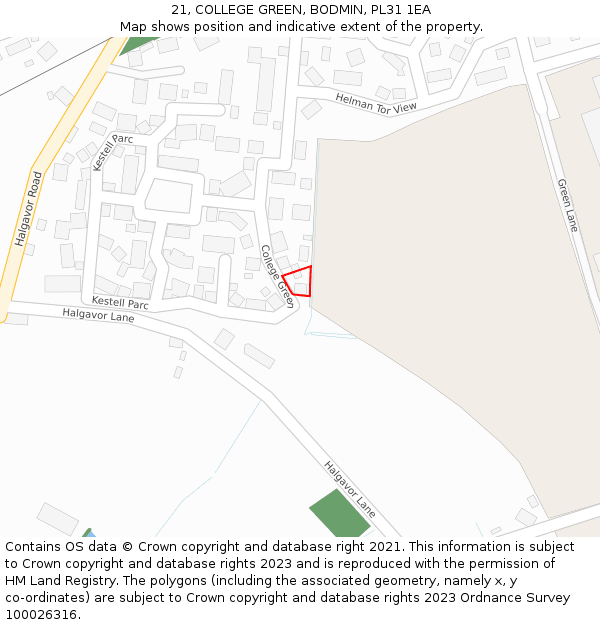21, COLLEGE GREEN, BODMIN, PL31 1EA: Location map and indicative extent of plot