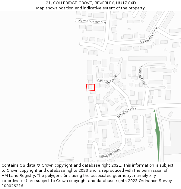 21, COLLERIDGE GROVE, BEVERLEY, HU17 8XD: Location map and indicative extent of plot