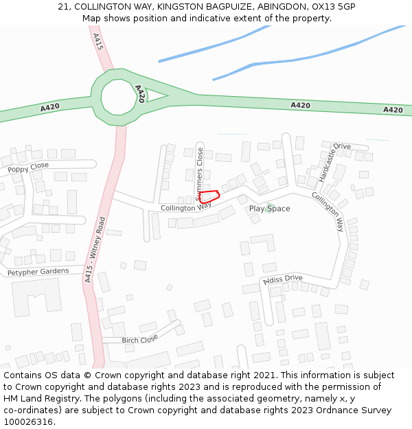 21, COLLINGTON WAY, KINGSTON BAGPUIZE, ABINGDON, OX13 5GP: Location map and indicative extent of plot