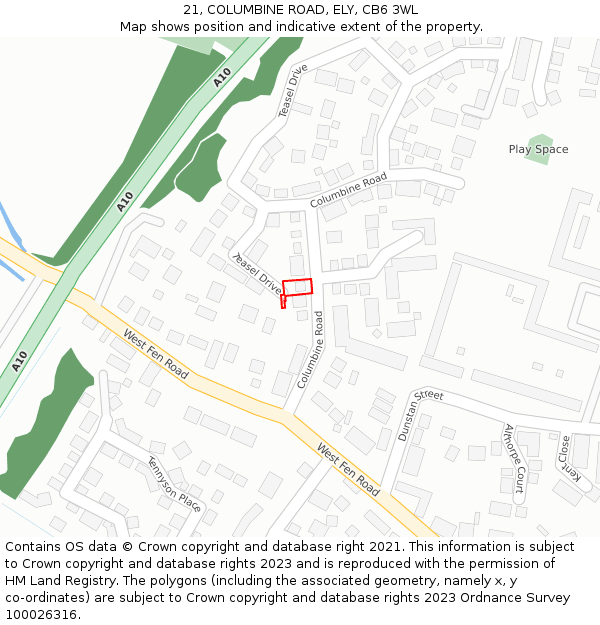 21, COLUMBINE ROAD, ELY, CB6 3WL: Location map and indicative extent of plot