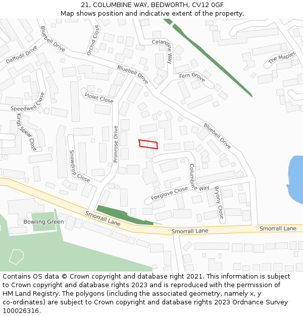 21, COLUMBINE WAY, BEDWORTH, CV12 0GF: Location map and indicative extent of plot