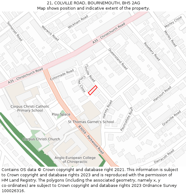 21, COLVILLE ROAD, BOURNEMOUTH, BH5 2AG: Location map and indicative extent of plot