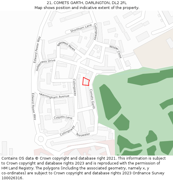 21, COMETS GARTH, DARLINGTON, DL2 2FL: Location map and indicative extent of plot