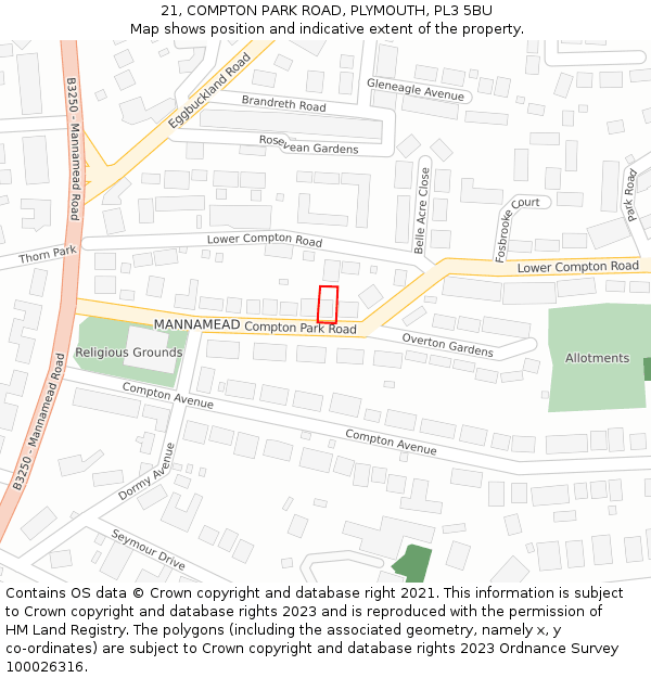 21, COMPTON PARK ROAD, PLYMOUTH, PL3 5BU: Location map and indicative extent of plot