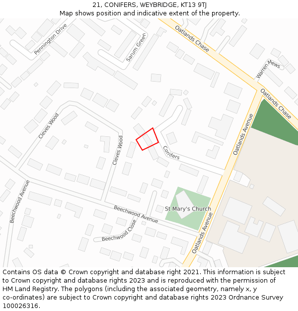 21, CONIFERS, WEYBRIDGE, KT13 9TJ: Location map and indicative extent of plot