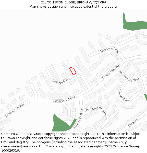 21, CONISTON CLOSE, BRIXHAM, TQ5 0RA: Location map and indicative extent of plot