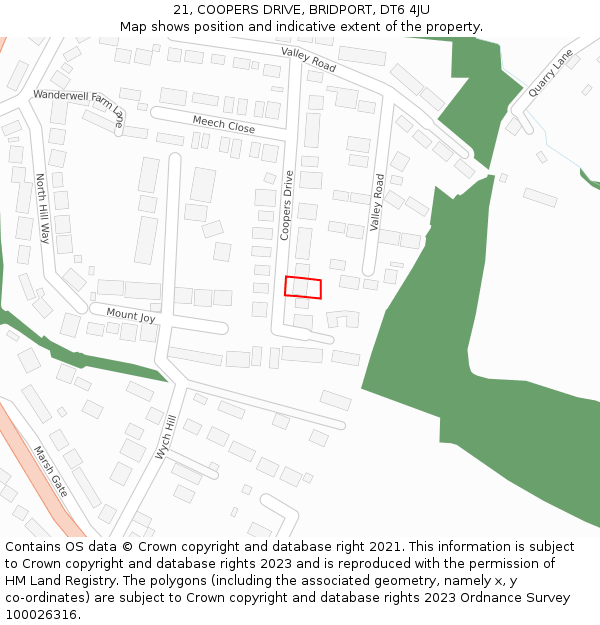 21, COOPERS DRIVE, BRIDPORT, DT6 4JU: Location map and indicative extent of plot