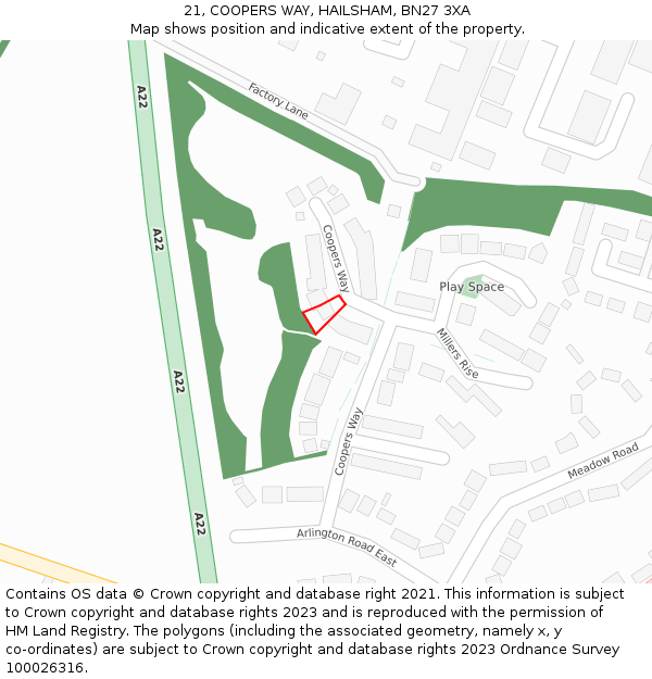 21, COOPERS WAY, HAILSHAM, BN27 3XA: Location map and indicative extent of plot