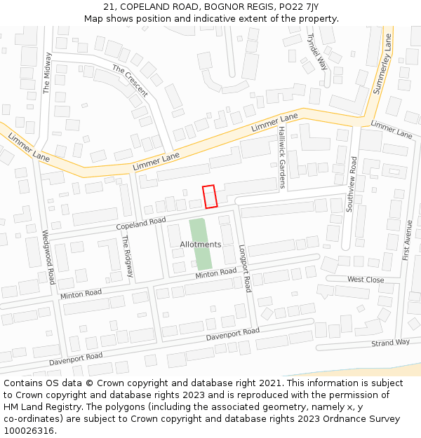 21, COPELAND ROAD, BOGNOR REGIS, PO22 7JY: Location map and indicative extent of plot