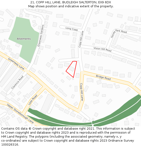 21, COPP HILL LANE, BUDLEIGH SALTERTON, EX9 6DX: Location map and indicative extent of plot