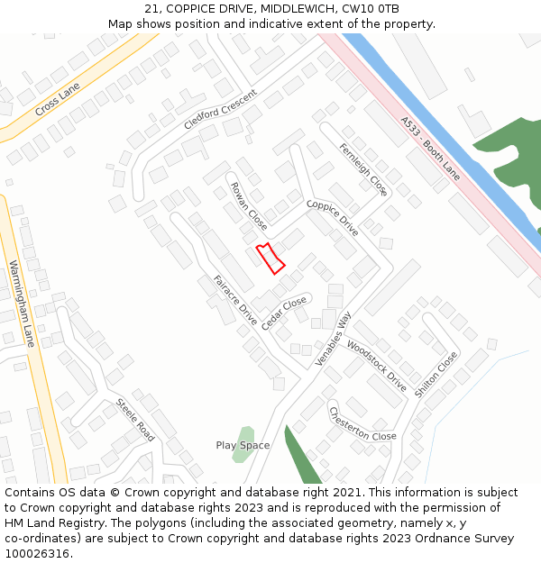 21, COPPICE DRIVE, MIDDLEWICH, CW10 0TB: Location map and indicative extent of plot