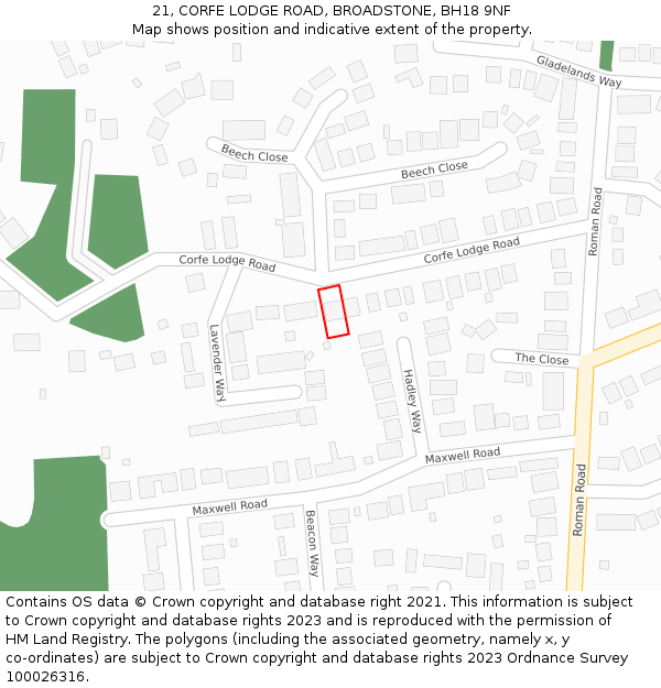 21, CORFE LODGE ROAD, BROADSTONE, BH18 9NF: Location map and indicative extent of plot