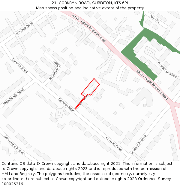 21, CORKRAN ROAD, SURBITON, KT6 6PL: Location map and indicative extent of plot