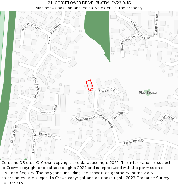 21, CORNFLOWER DRIVE, RUGBY, CV23 0UG: Location map and indicative extent of plot