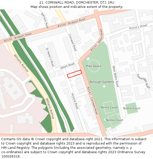 21, CORNWALL ROAD, DORCHESTER, DT1 1RU: Location map and indicative extent of plot