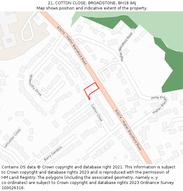 21, COTTON CLOSE, BROADSTONE, BH18 9AJ: Location map and indicative extent of plot