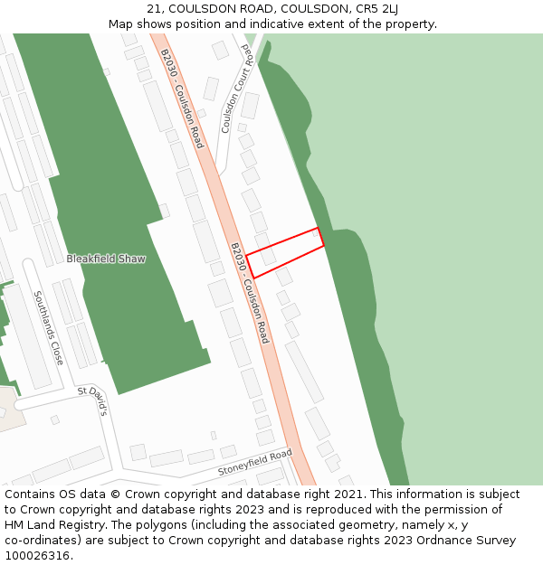 21, COULSDON ROAD, COULSDON, CR5 2LJ: Location map and indicative extent of plot