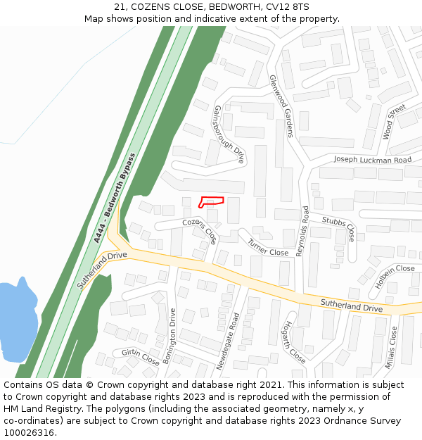 21, COZENS CLOSE, BEDWORTH, CV12 8TS: Location map and indicative extent of plot