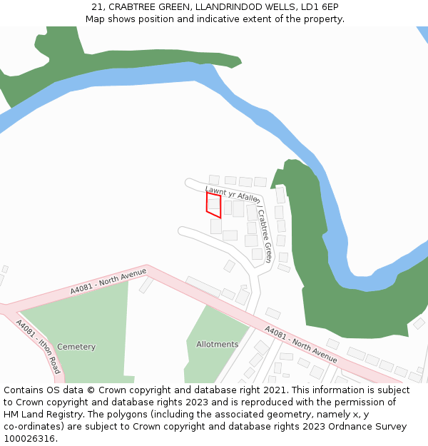 21, CRABTREE GREEN, LLANDRINDOD WELLS, LD1 6EP: Location map and indicative extent of plot