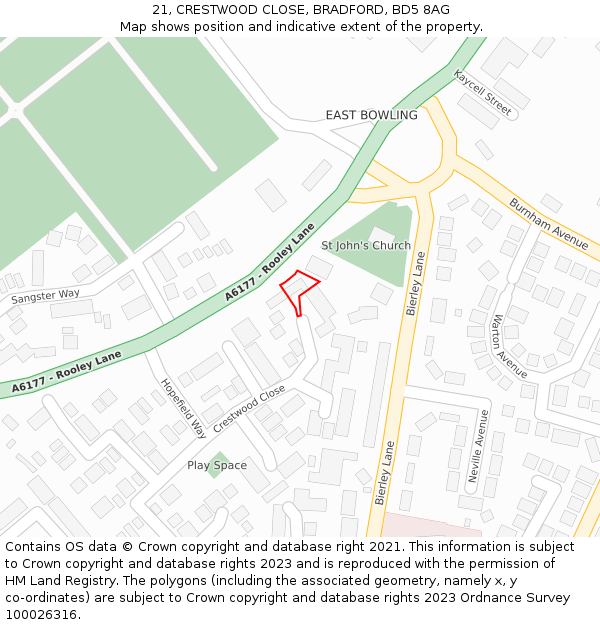 21, CRESTWOOD CLOSE, BRADFORD, BD5 8AG: Location map and indicative extent of plot