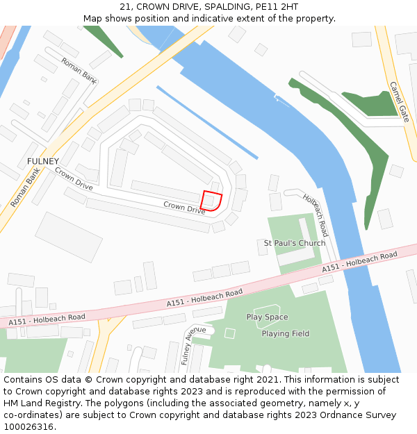 21, CROWN DRIVE, SPALDING, PE11 2HT: Location map and indicative extent of plot