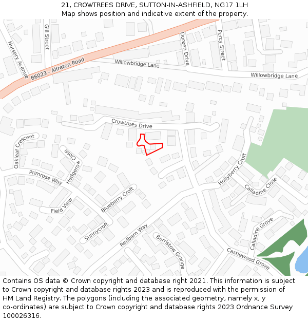 21, CROWTREES DRIVE, SUTTON-IN-ASHFIELD, NG17 1LH: Location map and indicative extent of plot